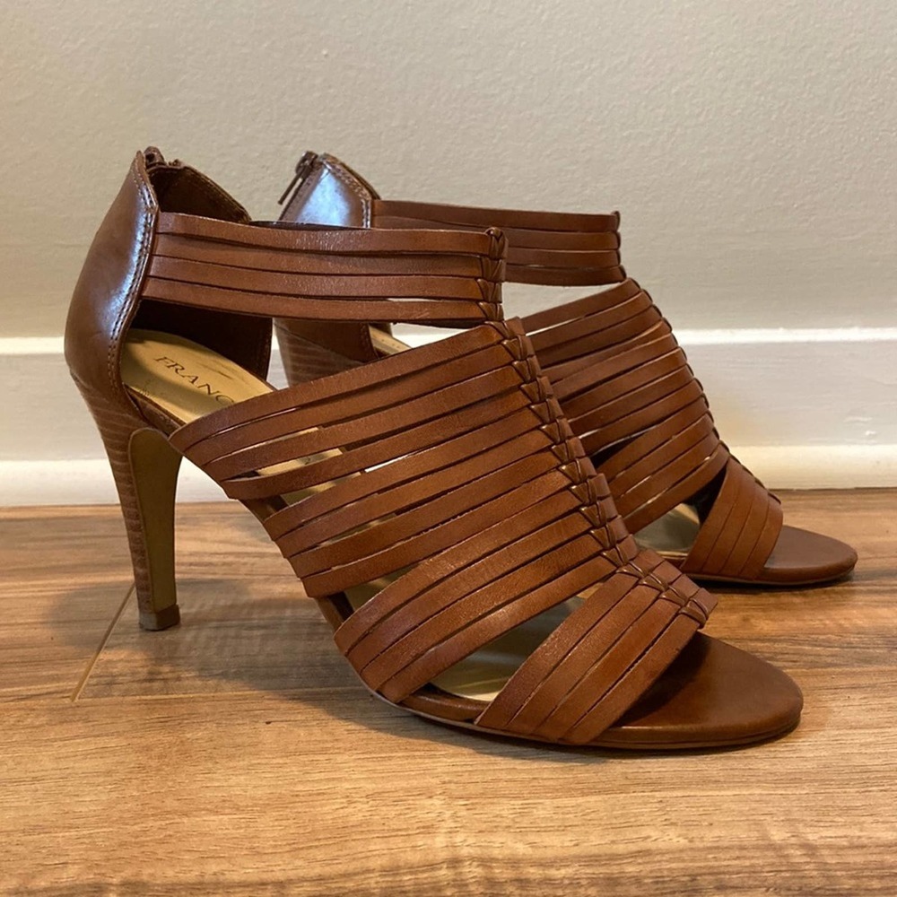 Franco Sarto Brown Leather Strappy Cage Sandal Heels Size 8.5
